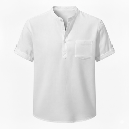 Men's Short Sleeve Cotton Linen Henley Shirt - Breathable Casual Beach Top with Pocket