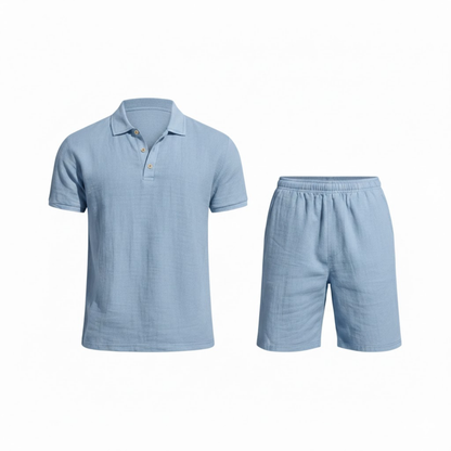 Men's Casual Two-Piece Linen Outfit - Short Sleeve Polo Shirt with Drawstring Shorts