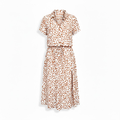 Polka Dot Short Sleeve Shirt Dress with Turn Down Collar and Coordinating Waistband