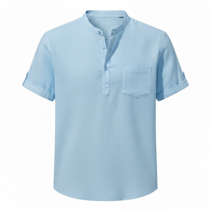 Men's Short Sleeve Cotton Linen Henley Shirt - Breathable Casual Beach Top with Pocket