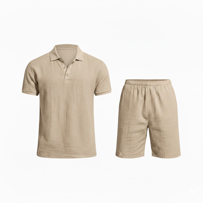 Men's Casual Two-Piece Linen Outfit - Short Sleeve Polo Shirt with Drawstring Shorts