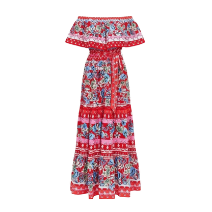 Floral Off-Shoulder Maxi Dress - Ankle-Length A-Line Asymmetrical Gown with Slash Neck