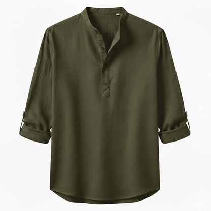 Men's Long Sleeve Cotton Linen Henley Shirt - Breathable Casual Beach Button Top