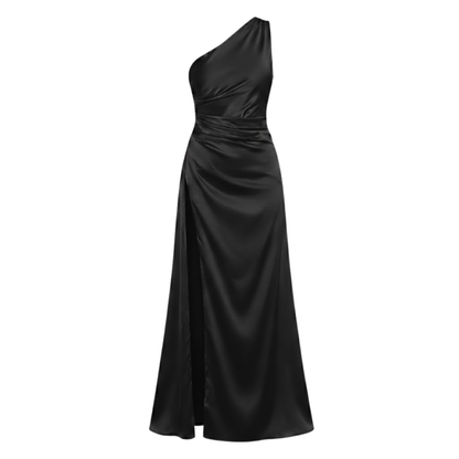 Chic One Shoulder Satin Maxi Dress with Asymmetrical Pleats and High Split Hem for Formal Evening Occasions