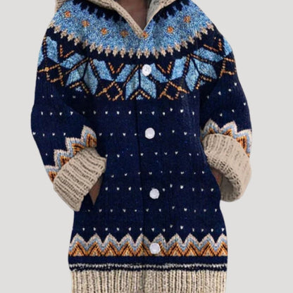 Cozy Women's Fair Isle Chunky Knit Hooded Cardigan for Warmth and Style