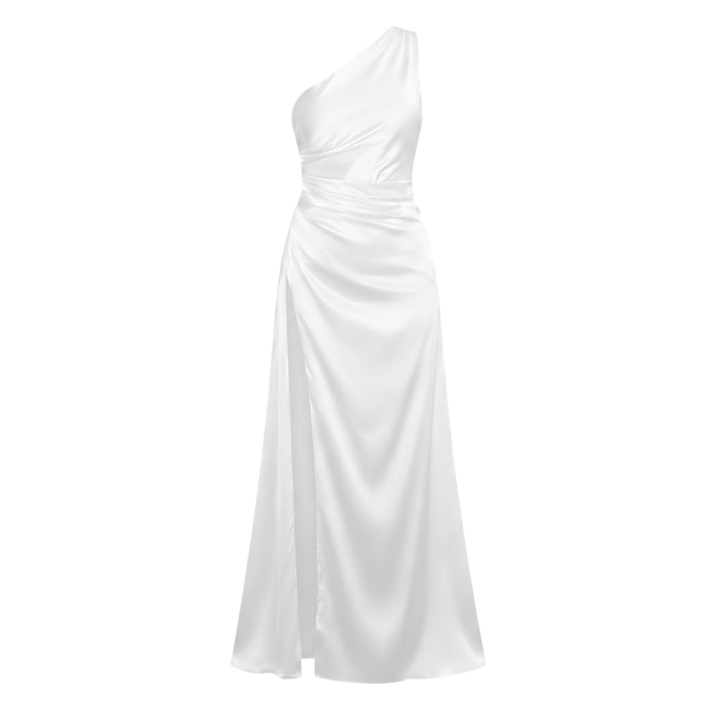 Chic One Shoulder Satin Maxi Dress with Asymmetrical Pleats and High Split Hem for Formal Evening Occasions