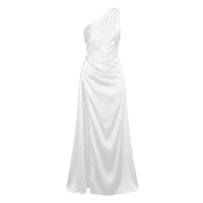 Chic One Shoulder Satin Maxi Dress with Asymmetrical Pleats and High Split Hem for Formal Evening Occasions