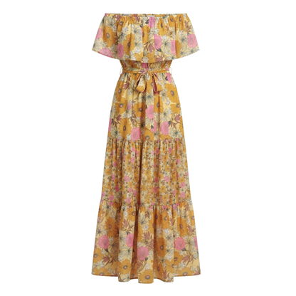 Floral Off-Shoulder Maxi Dress - Ankle-Length A-Line Asymmetrical Gown with Slash Neck