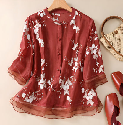 Christine - Elegant blouse with embroidered flowers for women