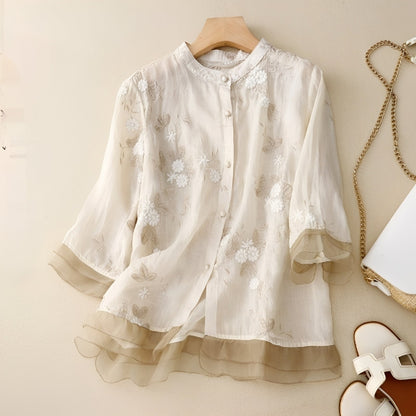 Christine - Elegant blouse with embroidered flowers for women