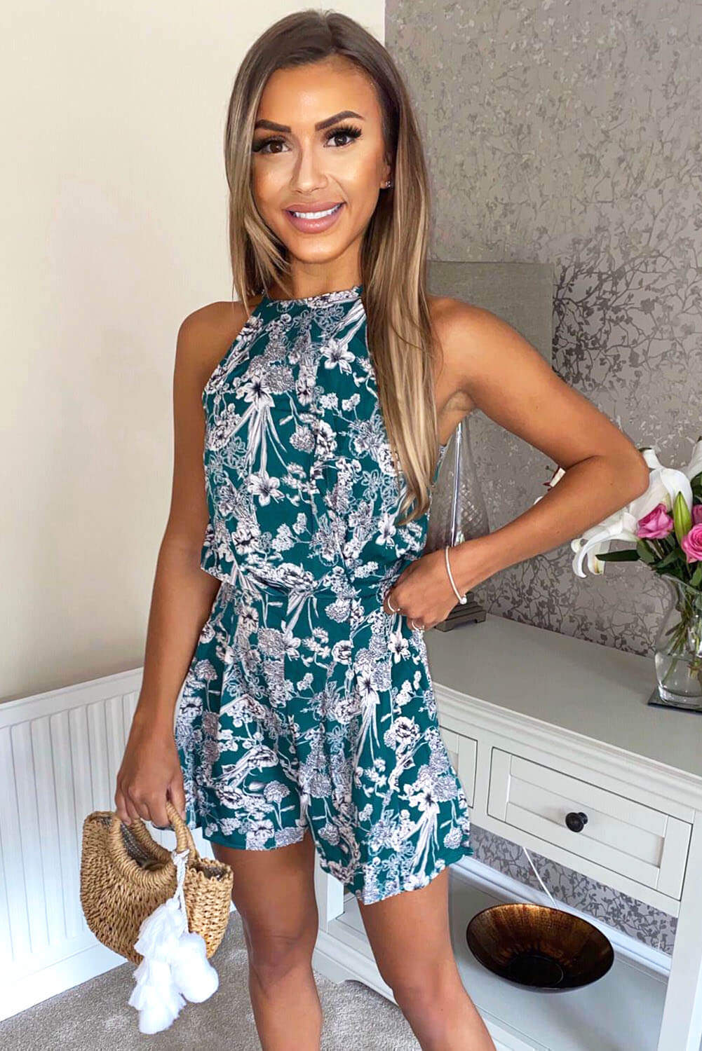 Women's Green Halter Neck Printed Playsuit – Stylish Summer Jumpsuit for Casual Outings