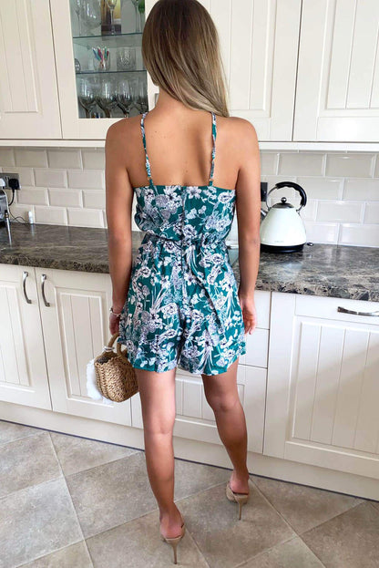 Women's Green Halter Neck Printed Playsuit – Stylish Summer Jumpsuit for Casual Outings
