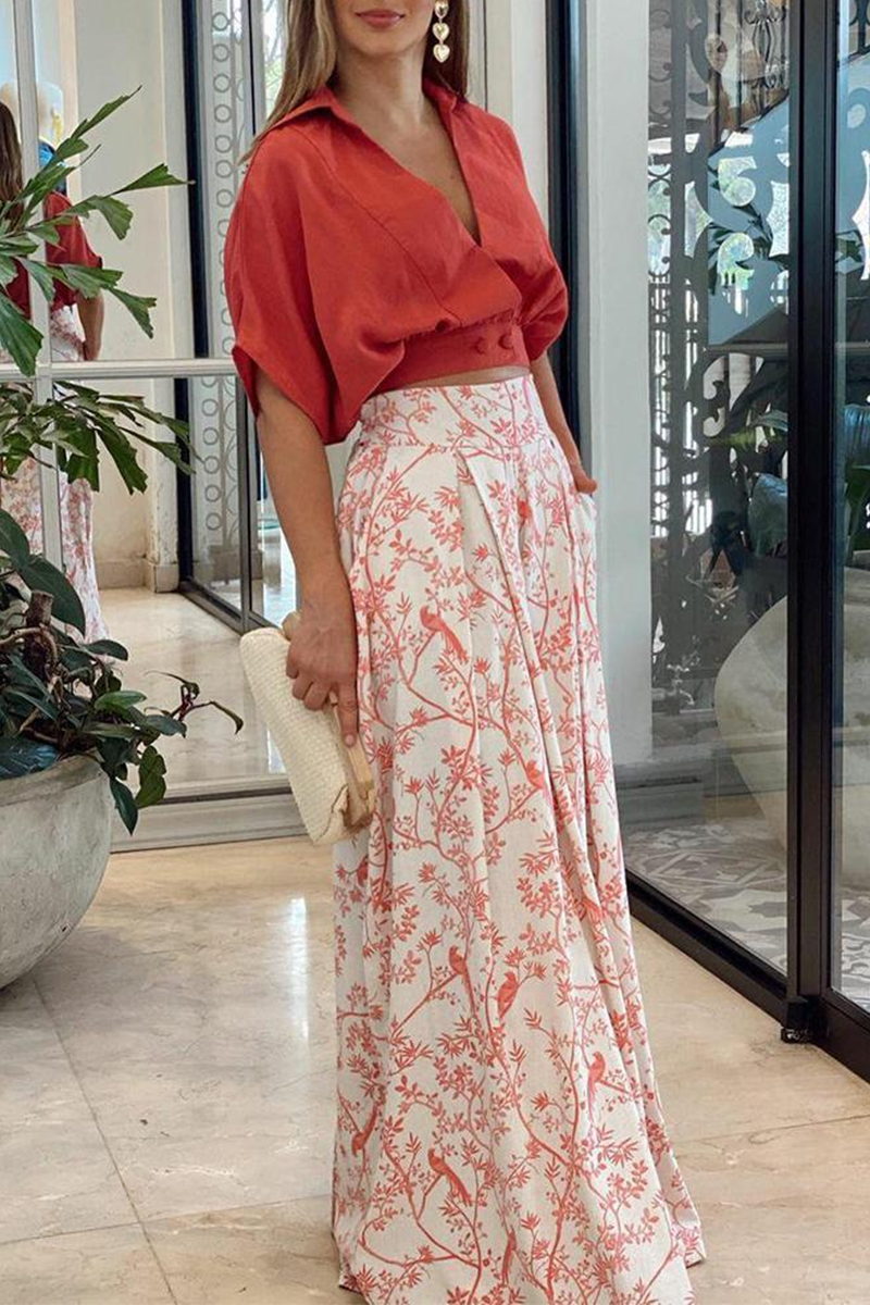 Women's Orange Bird Print Two-Piece Set – V-Neck Top & Wide Leg Pants