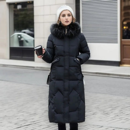 Women's Hooded Long Winter Parka with Fluffy Trim - Stylish and Warm Outerwear