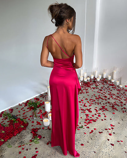 Elegant Women's One Shoulder Satin Maxi Dress with High Split for Cocktail and Formal Events
