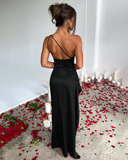 Elegant Women's One Shoulder Satin Maxi Dress with High Split for Cocktail and Formal Events