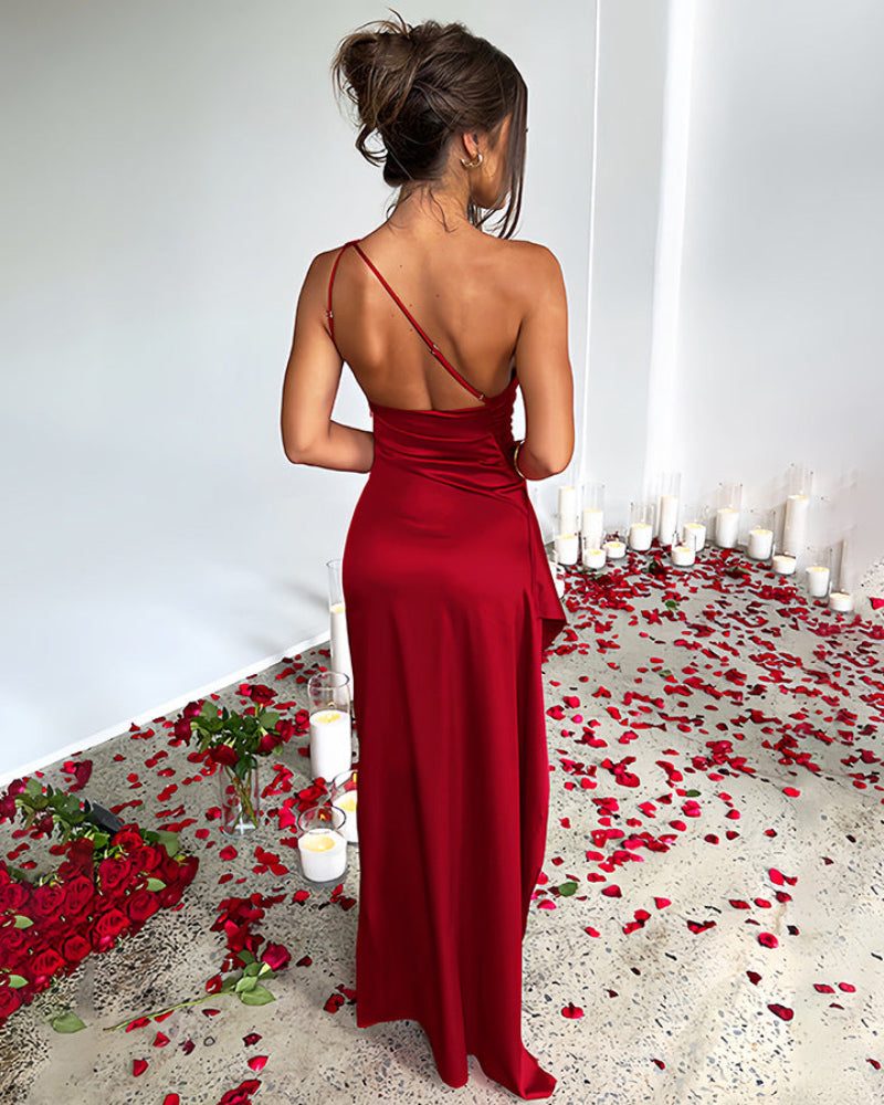 Elegant Women's One Shoulder Satin Maxi Dress with High Split for Cocktail and Formal Events