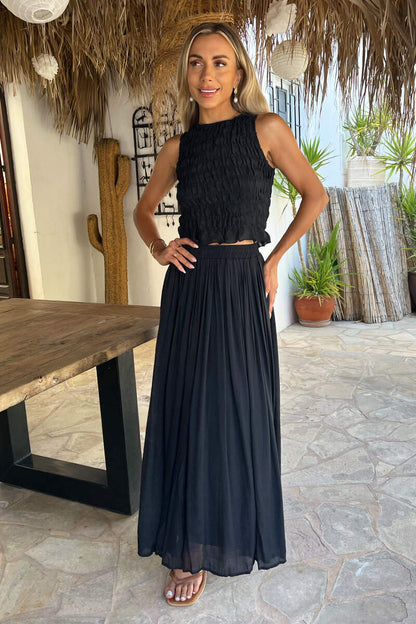 Bohemian Pleated Midi Skirt for Women - Elegant Black Design