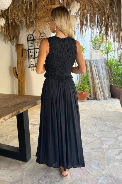 Bohemian Pleated Midi Skirt for Women - Elegant Black Design