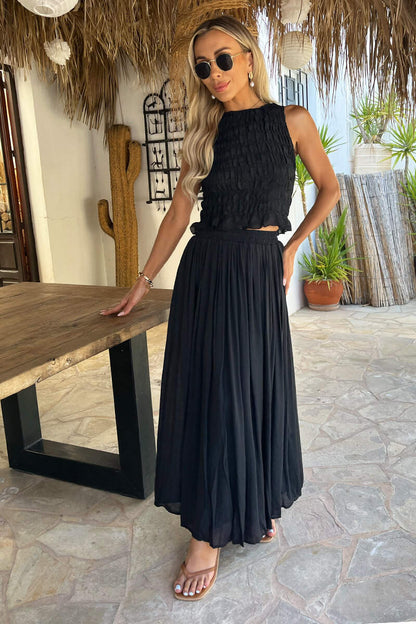 Bohemian Pleated Midi Skirt for Women - Elegant Black Design