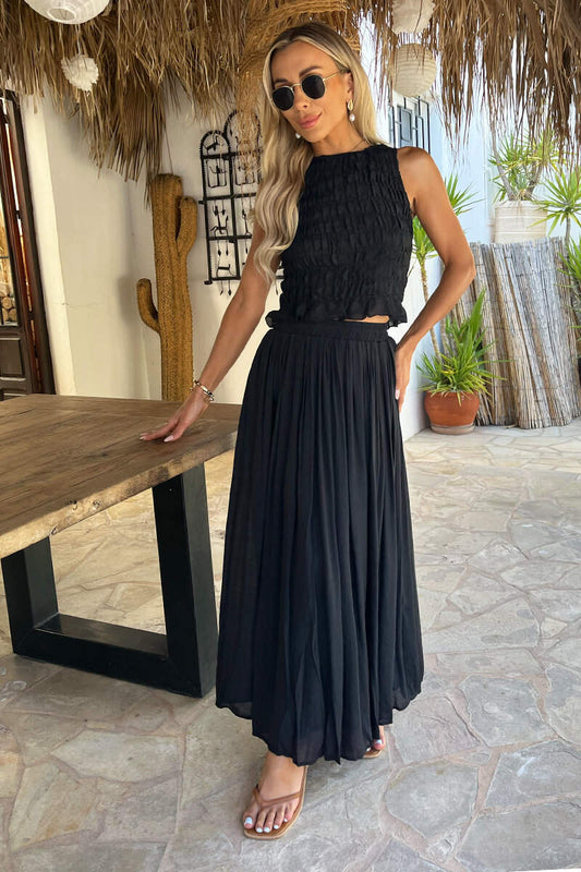 Bohemian Pleated Midi Skirt for Women - Elegant Black Design