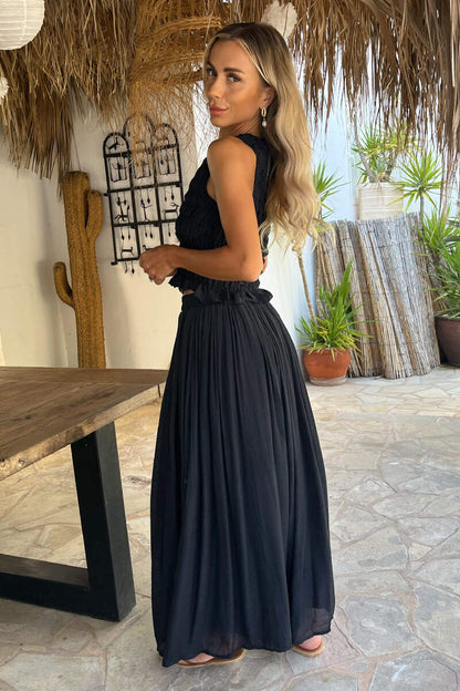 Bohemian Pleated Midi Skirt for Women - Elegant Black Design