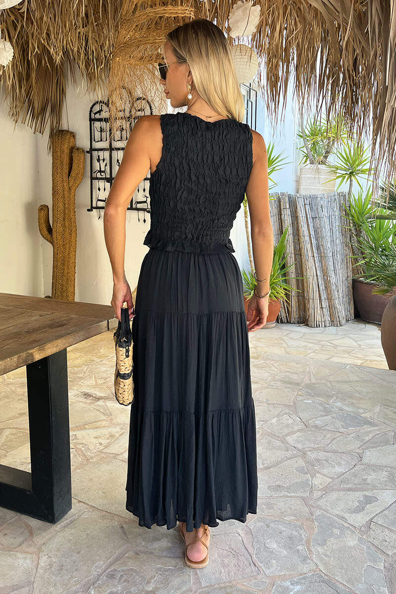 Elegant Black Tiered Midi Skirt for Women - Versatile Casual or Dressy Style