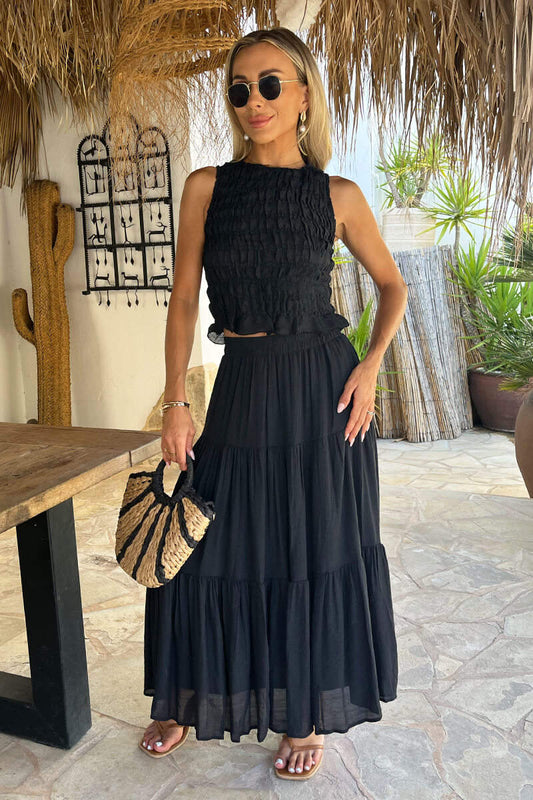 Elegant Black Tiered Midi Skirt for Women - Versatile Casual or Dressy Style