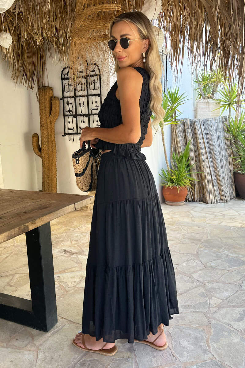 Elegant Black Tiered Midi Skirt for Women - Versatile Casual or Dressy Style