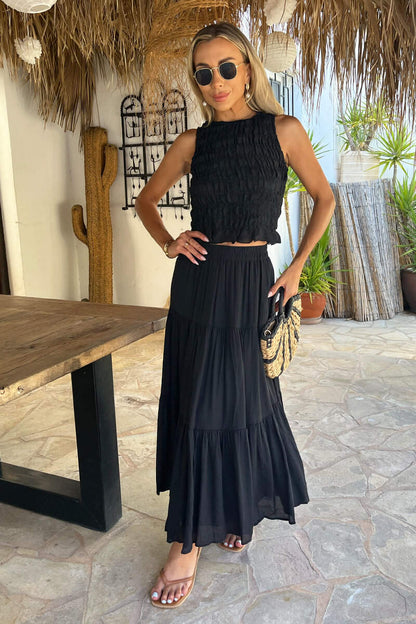 Elegant Black Tiered Midi Skirt for Women - Versatile Casual or Dressy Style