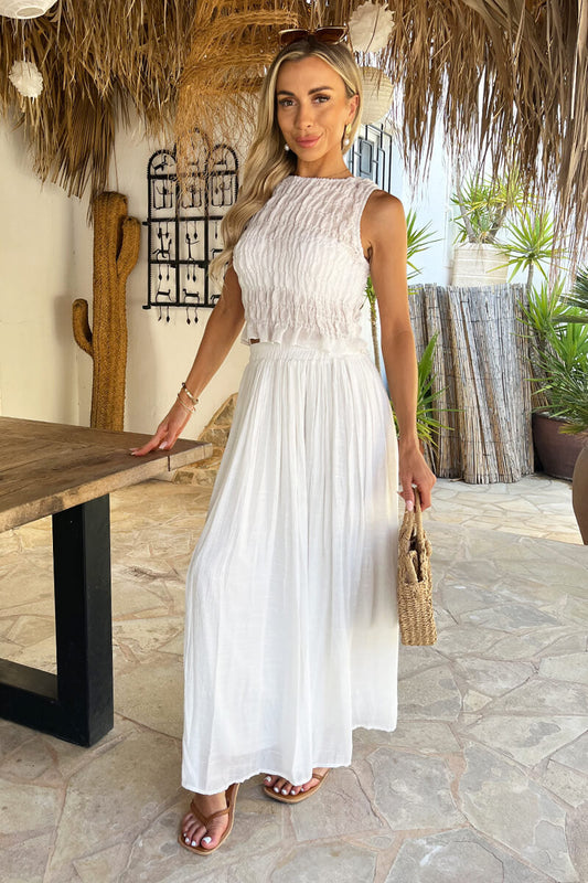 Summer Bohemian Midi Skirt for Women - White Pleated Design