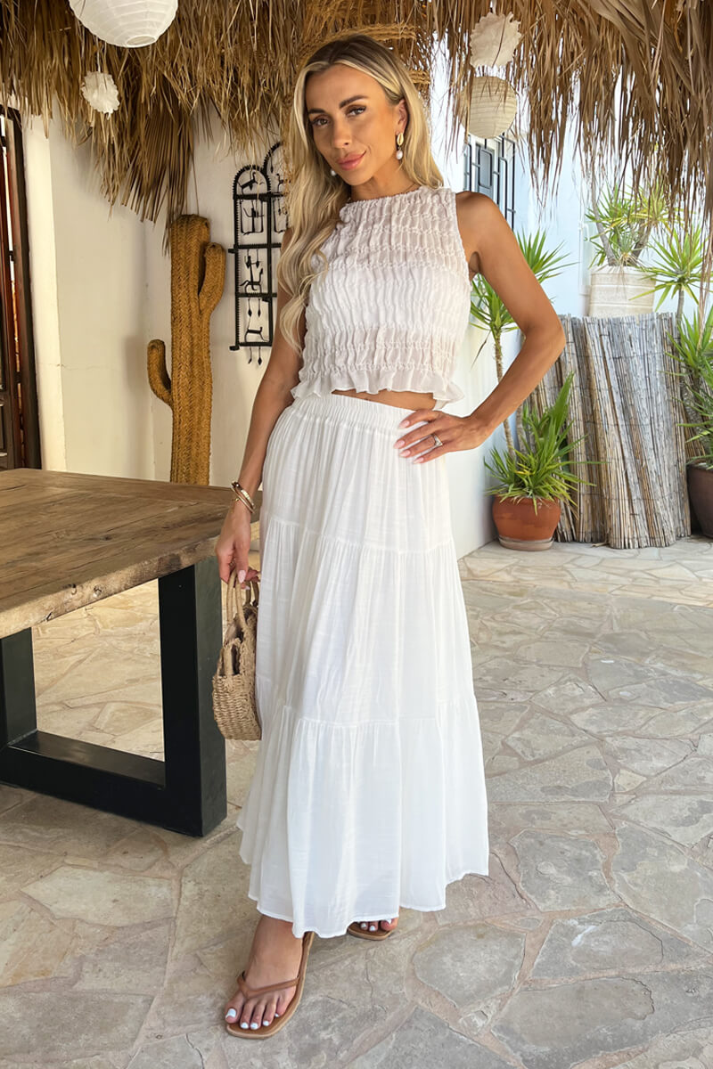 Elegant White Tiered Midi Skirt for Women - Stylish Summer Fashion