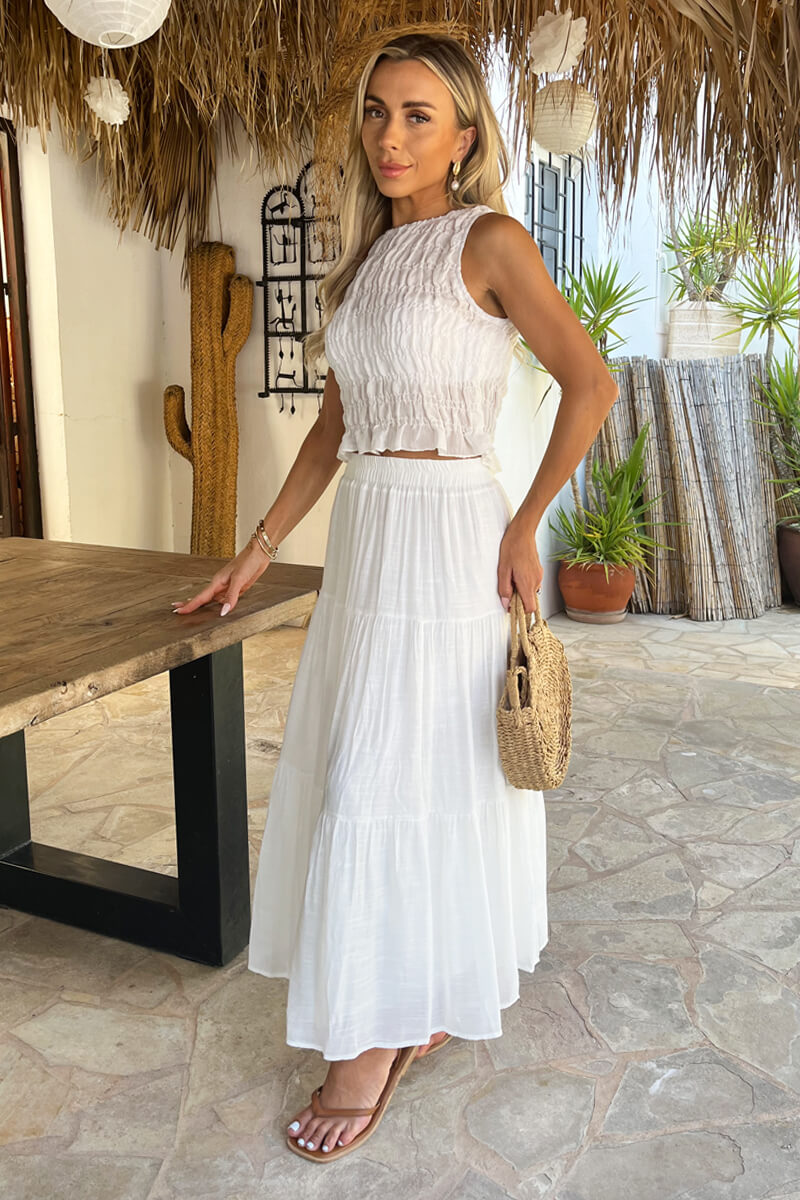 Elegant White Tiered Midi Skirt for Women - Stylish Summer Fashion