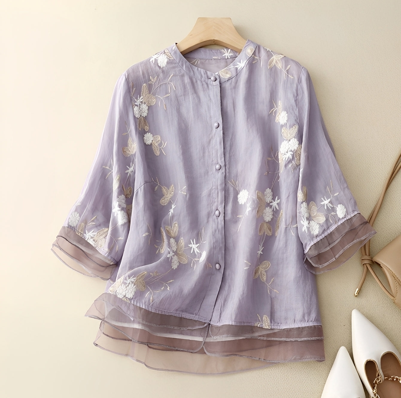 Christine - Elegant blouse with embroidered flowers for women