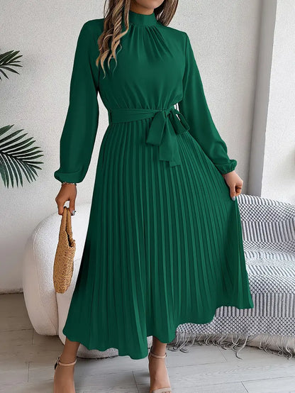 Elegant Women's Long-Sleeve Pleated Midi Dress with Adjustable Belted Waist