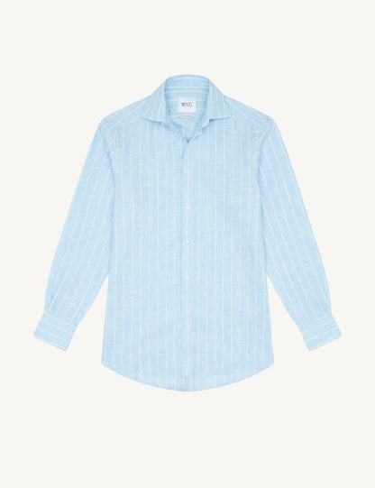 Sky Blue Striped Linen Shirt for Men - Casual Summer Style