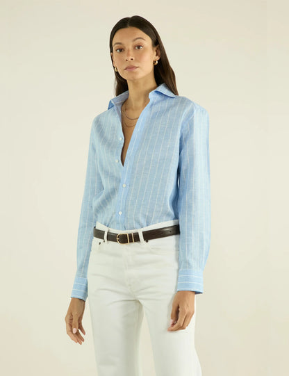 Sky Blue Striped Linen Shirt for Men - Casual Summer Style