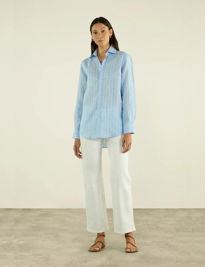 Sky Blue Striped Linen Shirt for Men - Casual Summer Style