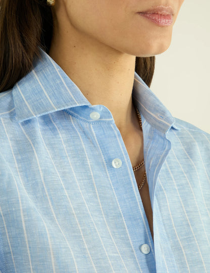 Sky Blue Striped Linen Shirt for Men - Casual Summer Style