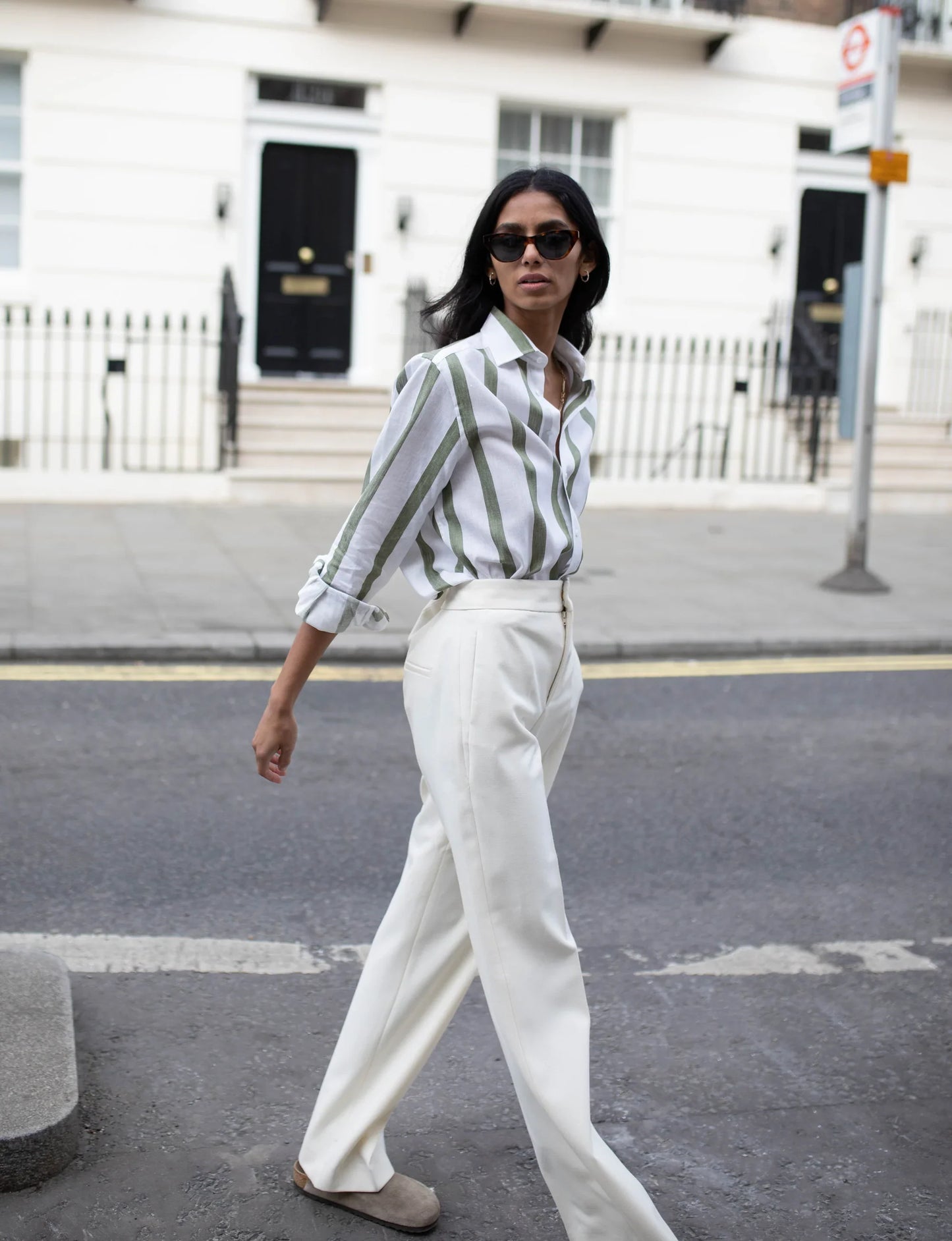 Khaki Stripe Weave Boyfriend Shirt for Casual Style
