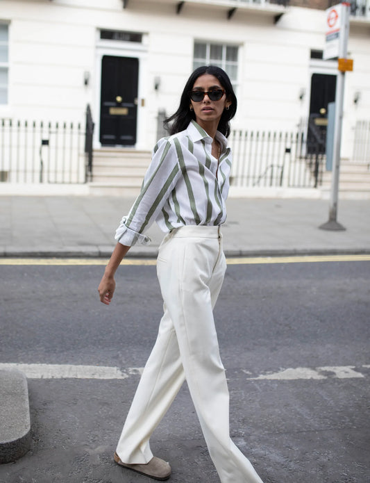 Khaki Stripe Weave Boyfriend Shirt for Casual Style