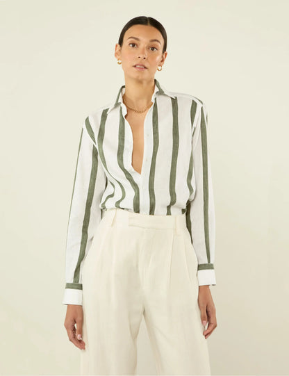 Khaki Stripe Weave Boyfriend Shirt for Casual Style