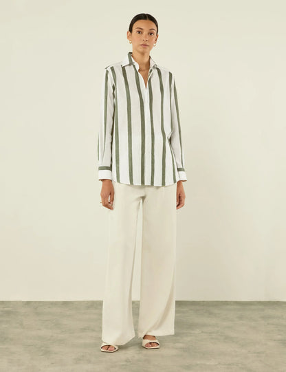 Khaki Stripe Weave Boyfriend Shirt for Casual Style