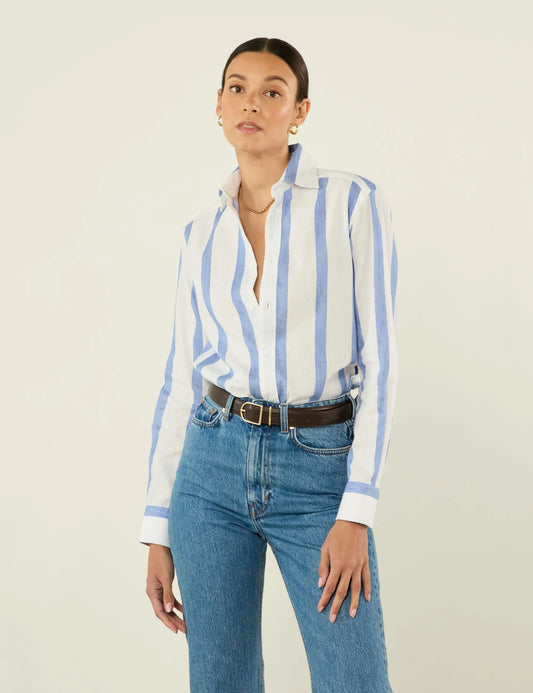 Men's Ocean Blue Striped Woven Boyfriend Shirt - Casual Summer Fashion