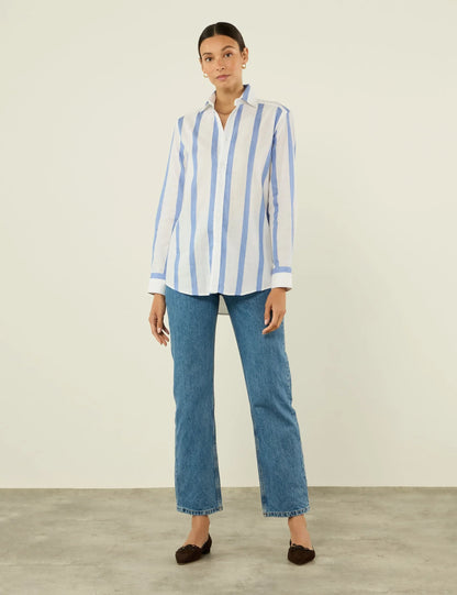Men's Ocean Blue Striped Woven Boyfriend Shirt - Casual Summer Fashion