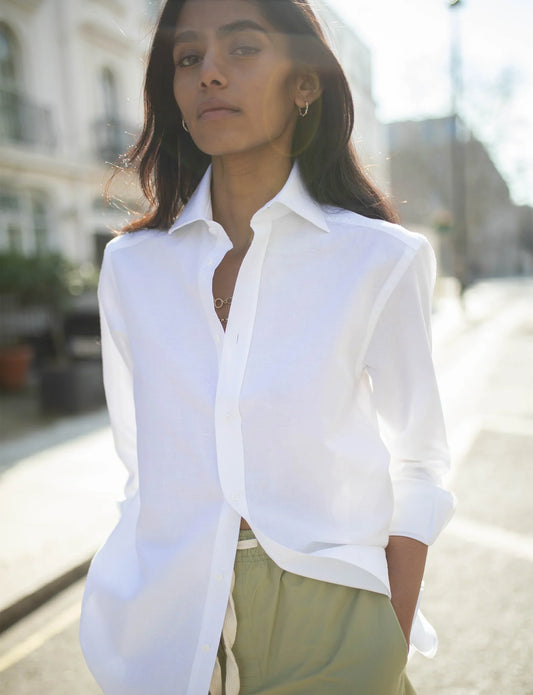 Women's White Woven Boyfriend Style Top - Casual Chic Blouse