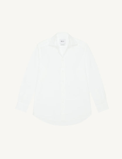 Women's White Woven Boyfriend Style Top - Casual Chic Blouse