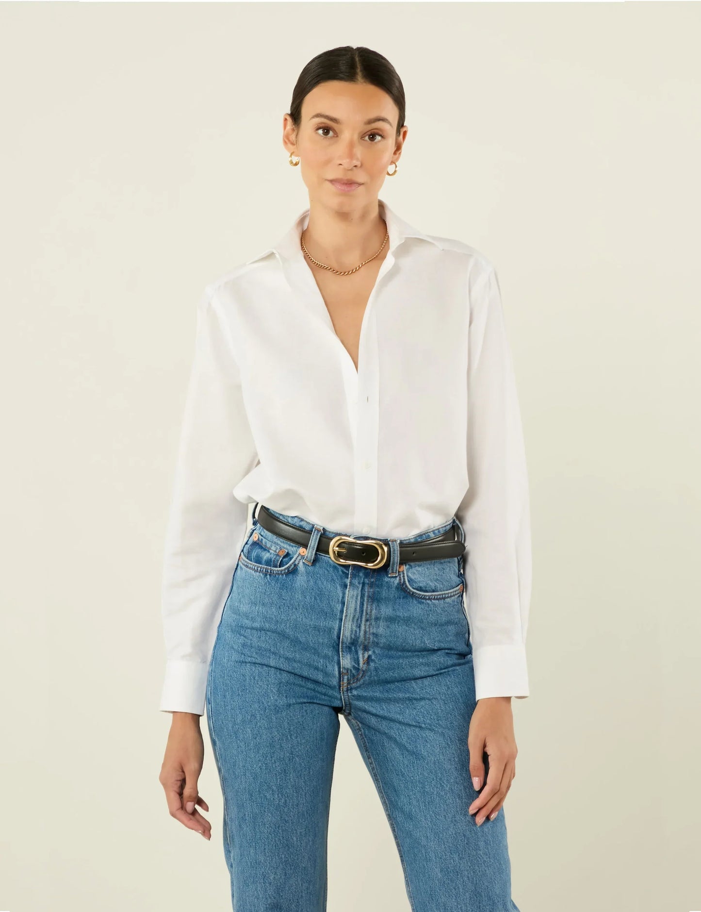 Women's White Woven Boyfriend Style Top - Casual Chic Blouse