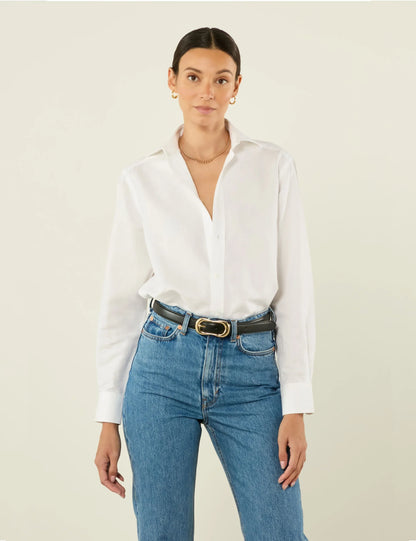 Women's White Woven Boyfriend Style Top - Casual Chic Blouse