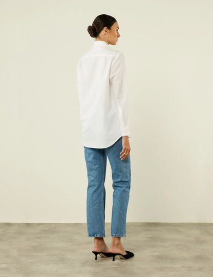 Women's White Woven Boyfriend Style Top - Casual Chic Blouse